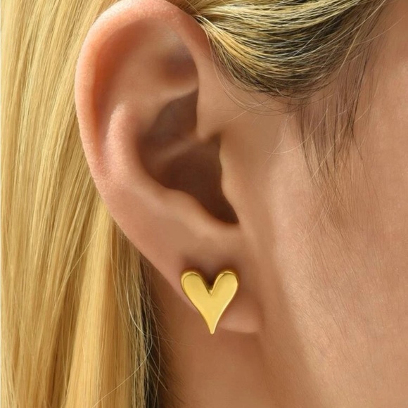 14K Gold Titanium Steel Puff Heart Shaped Stud Earrings in Gold - Picture 6 of 6